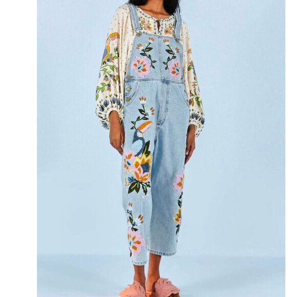 MOVE OUT SALE-Farm Rio embroidered Jean jumpsuit - Picture 1 of 12